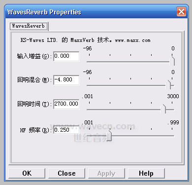 WavesReverb参数调节对话框